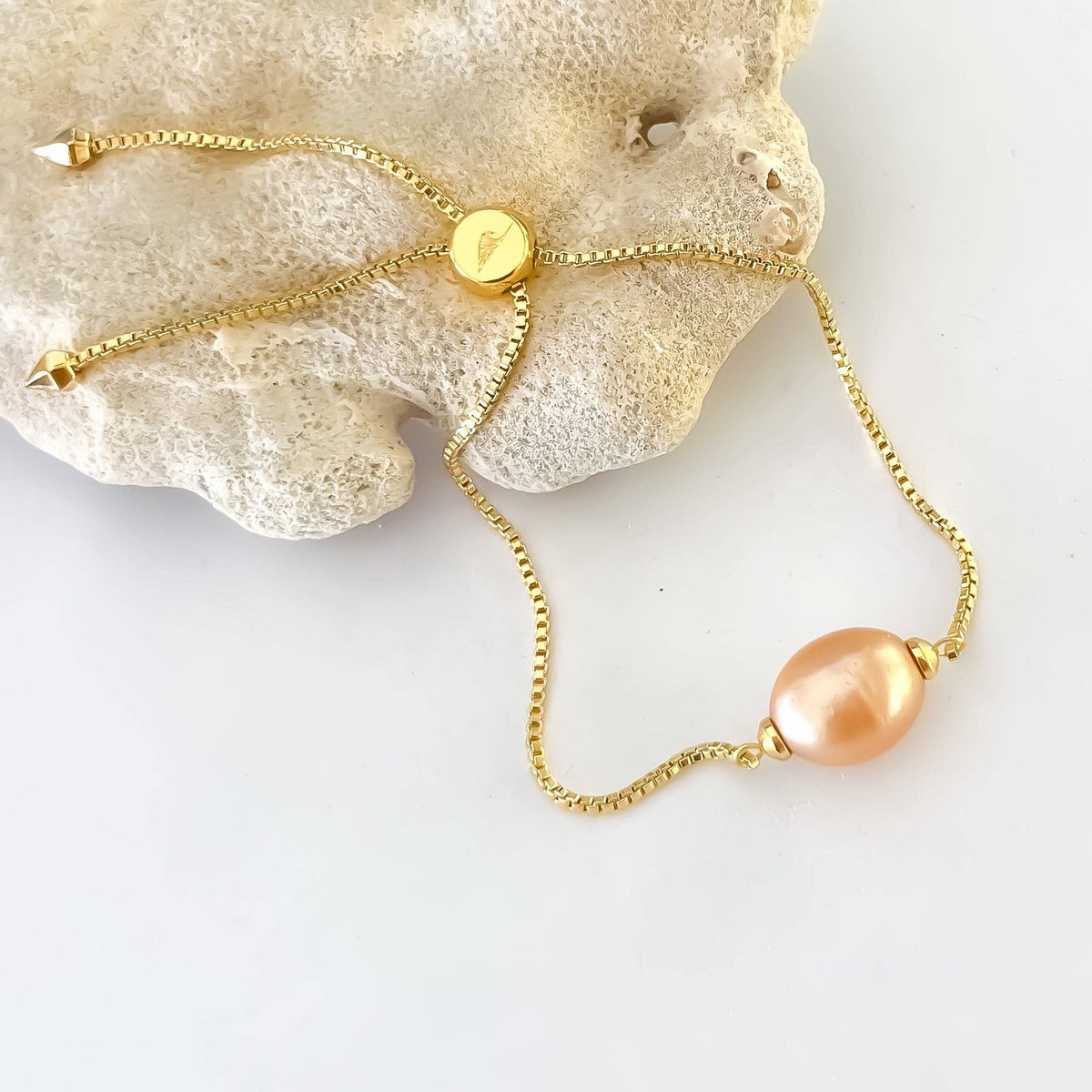 Freshwater Pearl + Gold Slider Bracelet: White