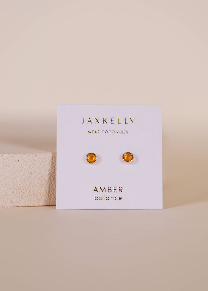 Simple Stud Earring - Amber Gemstone - 18k Gold Plated