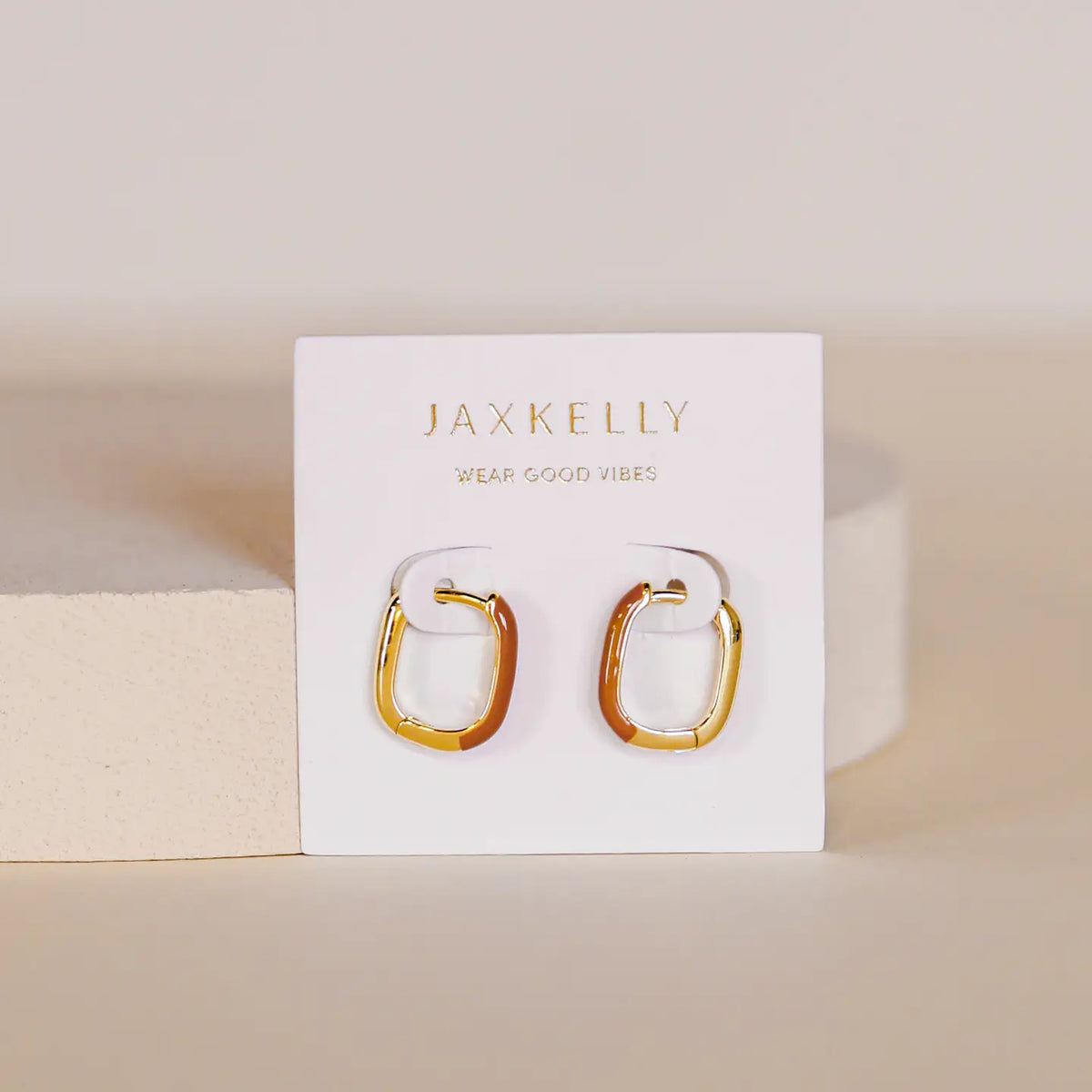 Color Dipped Rectangle Hoop Earrings - Brown Enamel