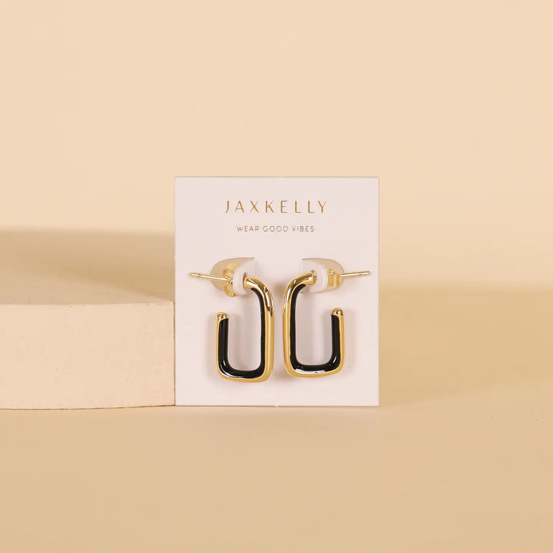 Black Enamel Large Rectangle Gold Hoop Earrings