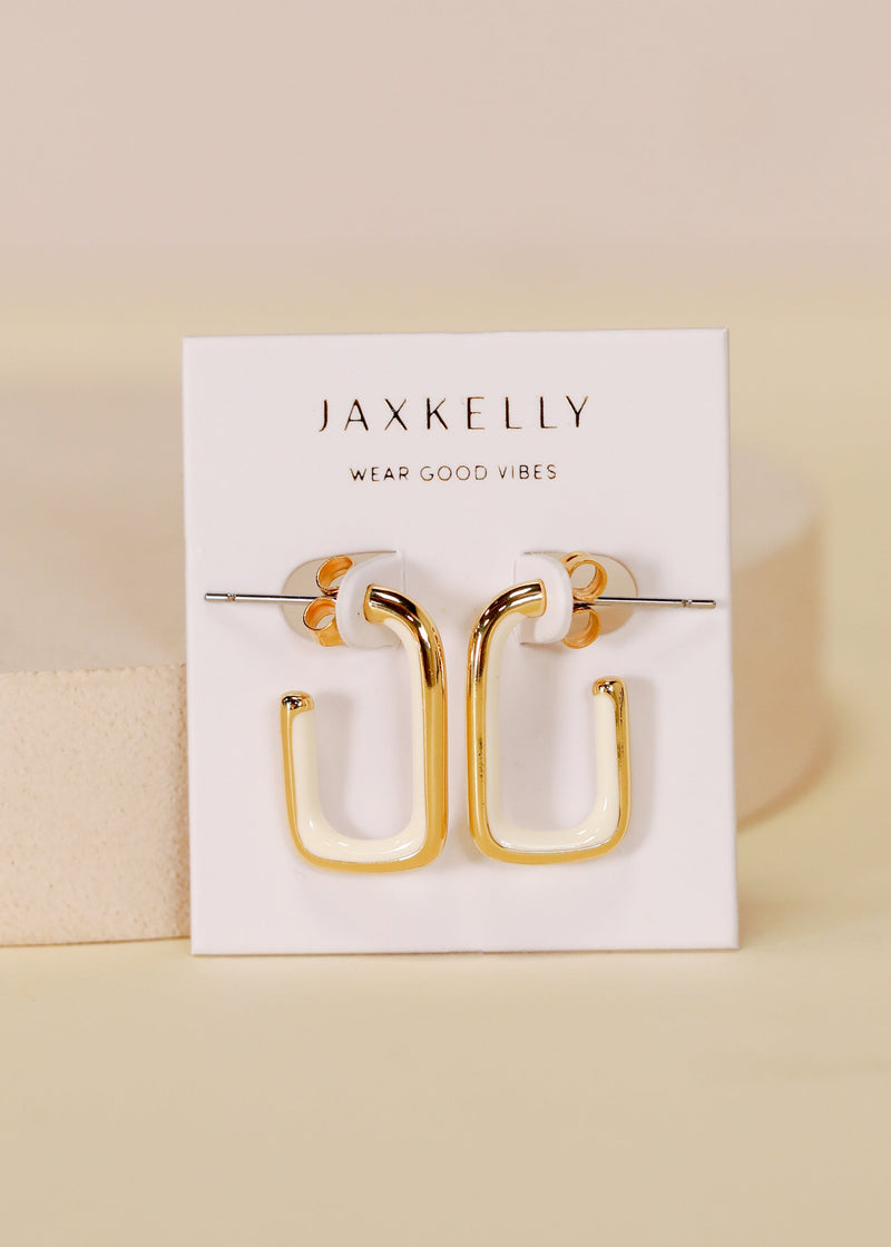 Cream Enamel Large Rectangle Gold Hoop Earrings