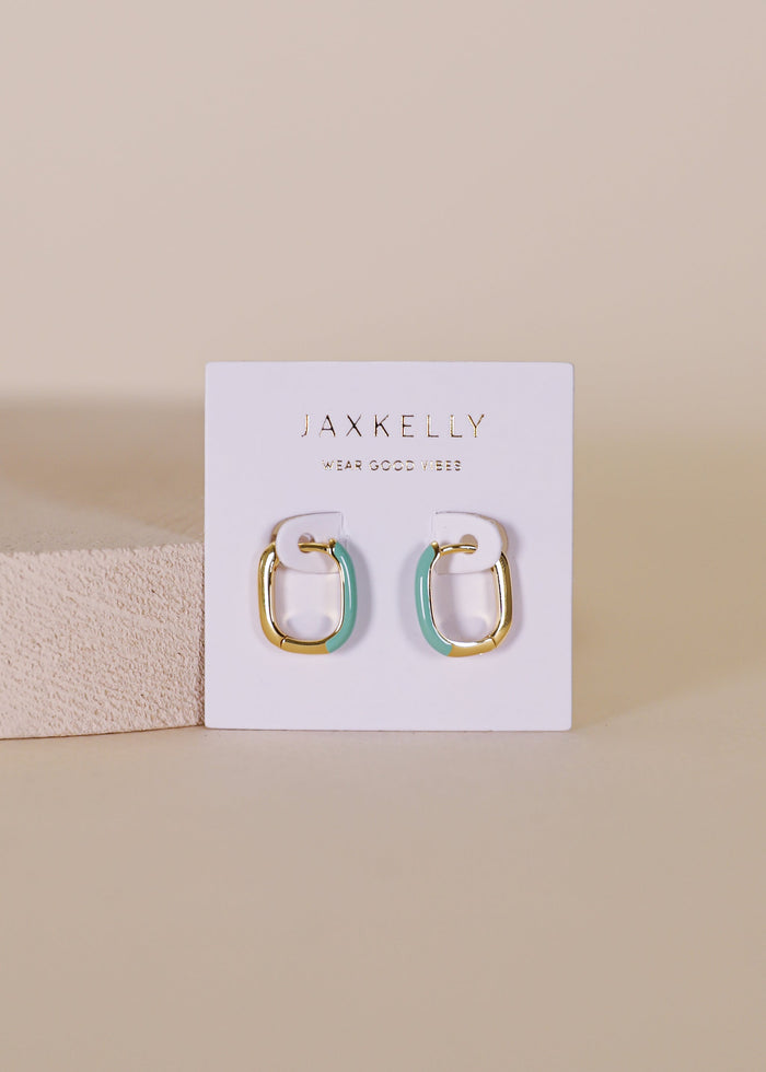 Color Dipped Rectangle Hoop Earrings - Sea Green Enamel