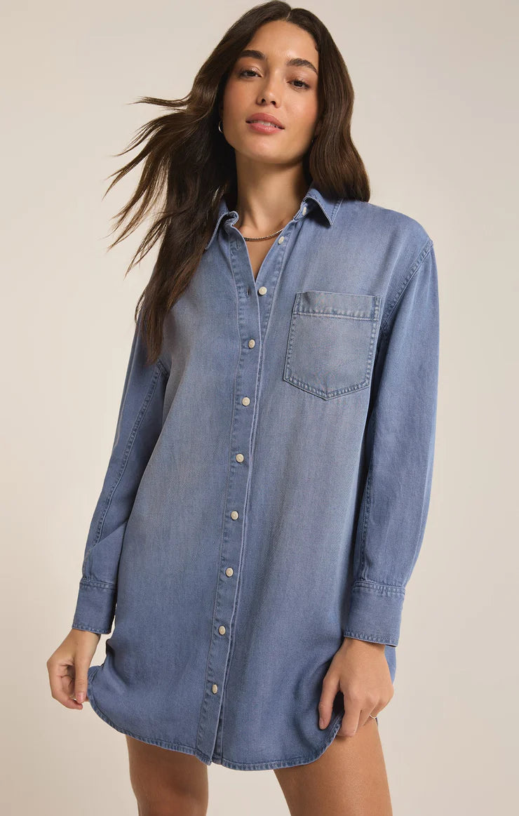 Dover Chambray Mini Dress Sun Bleached Indigo