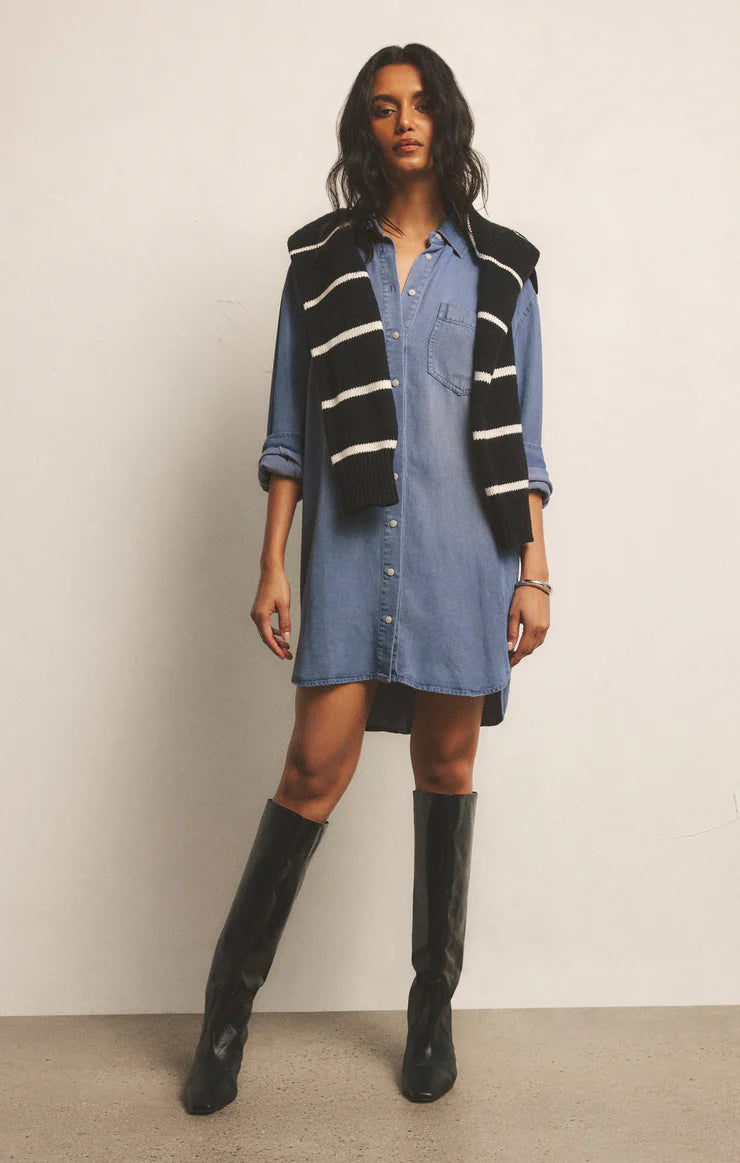 Dover Chambray Mini Dress Sun Bleached Indigo