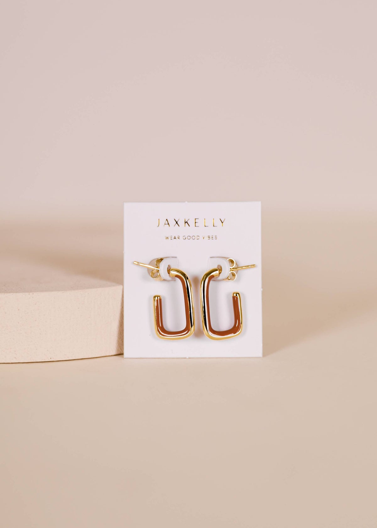 Brown Enamel Large Rectangle Gold Hoop Earrings