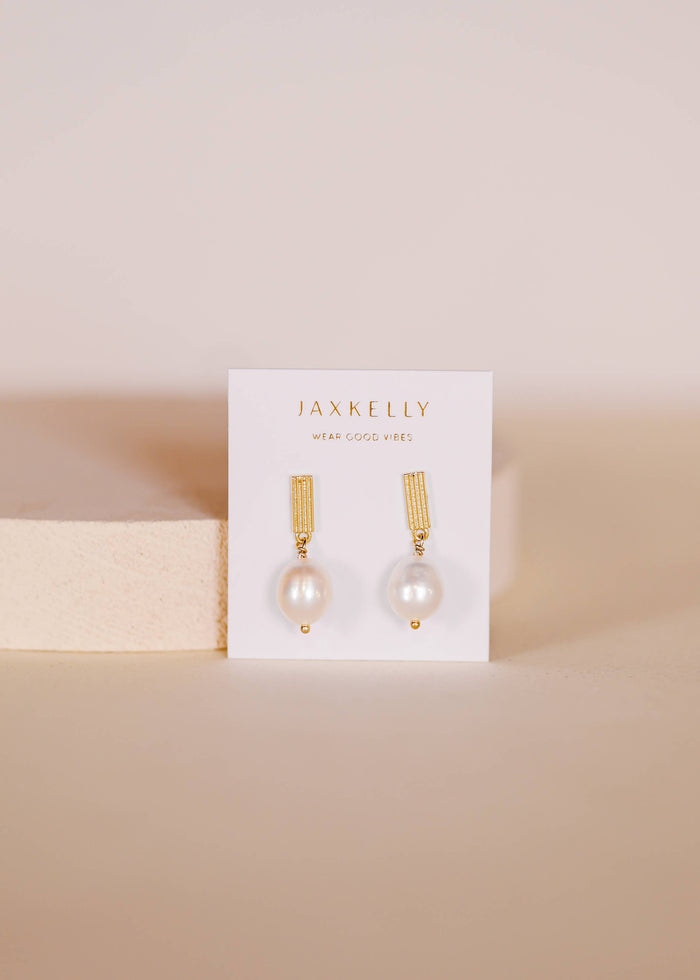 Rectangle Pearl Drop - Gold Earrings