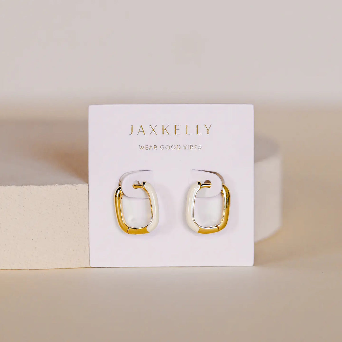 Color Dipped Rectangle Hoop Earrings - Cream Enamel