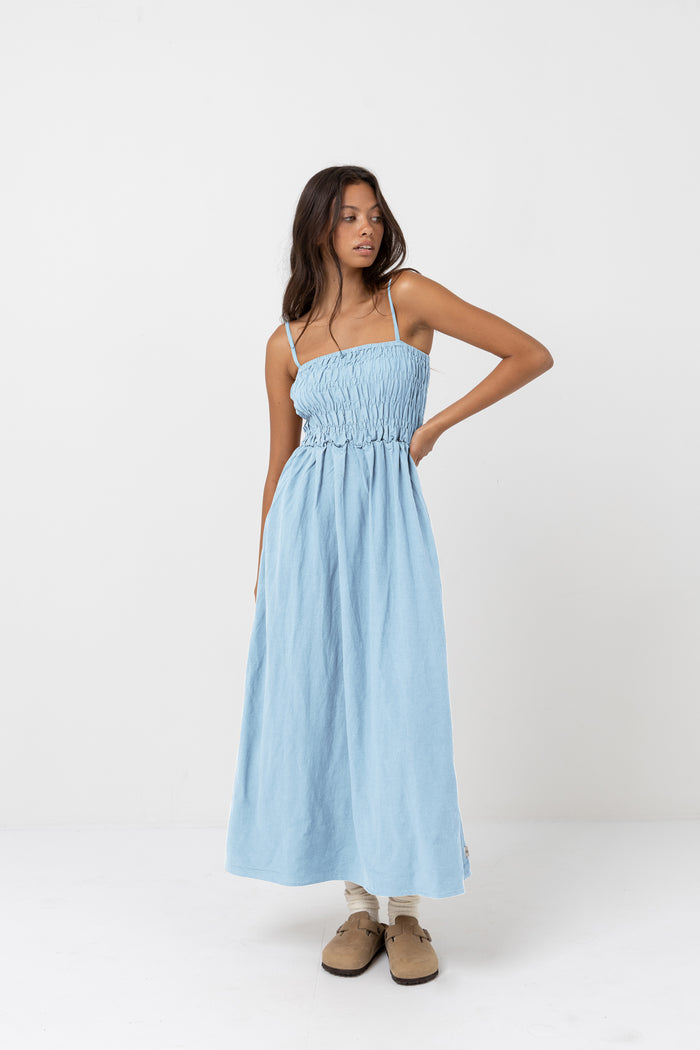 Classic Shirred Midi Dress Blue