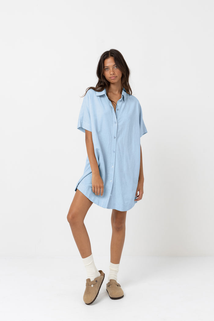 Linen Mini Button Up Shirt Dress Blue